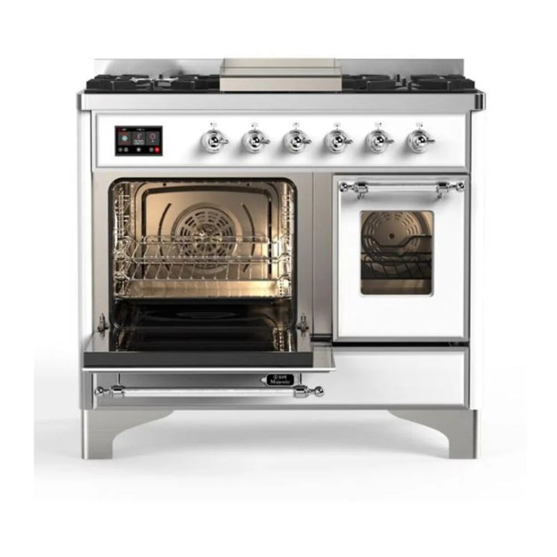 ILVE Majestic II 40" Dual Fuel Freestanding Range in White with Chrome Trim, UMD10FDNS3WHC