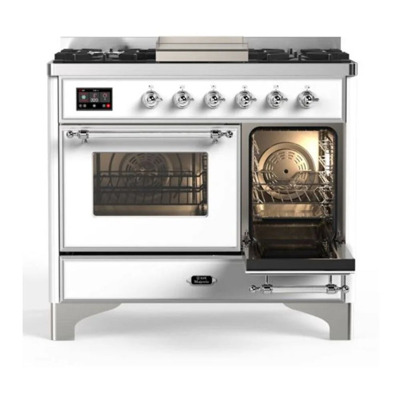 ILVE Majestic II 40" Dual Fuel Freestanding Range in White with Chrome Trim, UMD10FDNS3WHC
