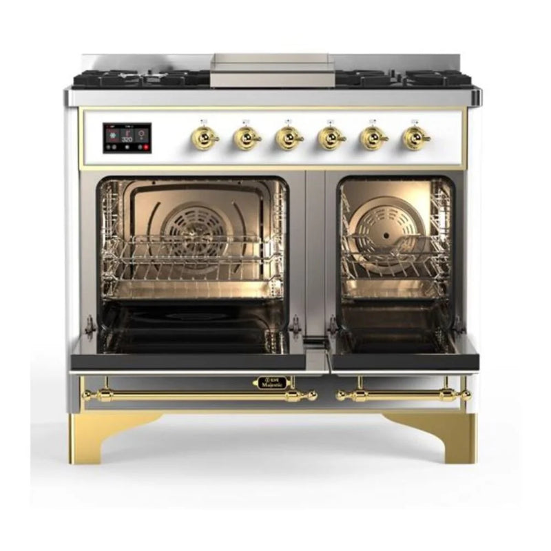 ILVE Majestic II 40" Dual Fuel Freestanding Range in White with Brass Trim, UMD10FDNS3WHGLP