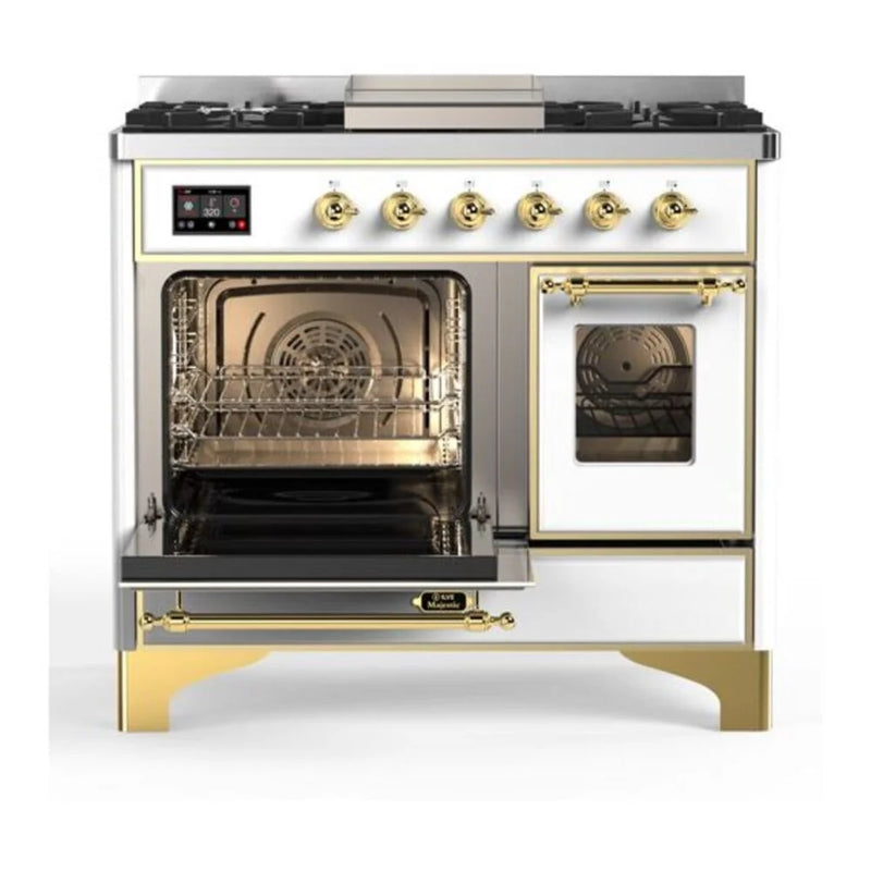 ILVE Majestic II 40" Dual Fuel Freestanding Range in White with Brass Trim, UMD10FDNS3WHG
