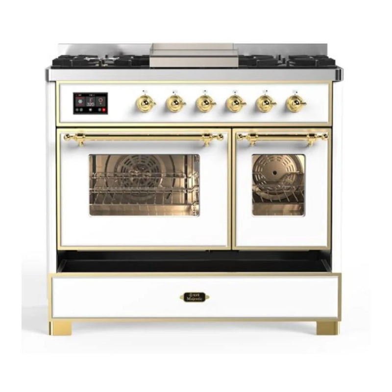 ILVE Majestic II 40" Dual Fuel Freestanding Range in White with Brass Trim, UMD10FDNS3WHG