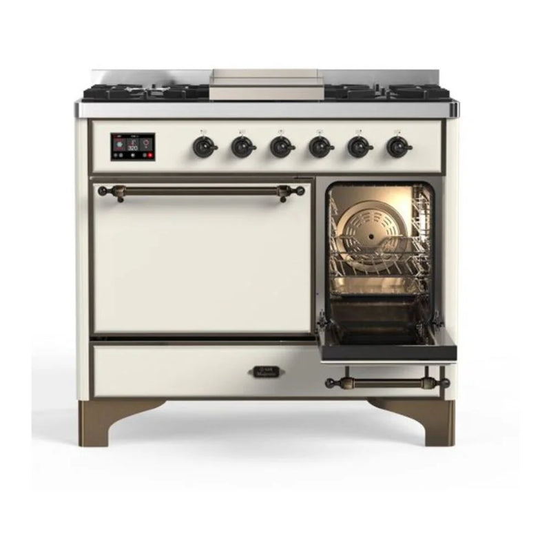 ILVE Majestic II 40" Dual Fuel Freestanding Range in Antique White with Burnished Trim, UMD10FDQNS3AWBLP