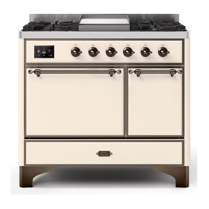 ILVE Majestic II 40" Dual Fuel Freestanding Range in Antique White with Burnished Trim, UMD10FDQNS3AWB