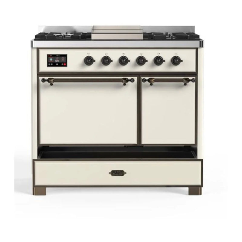 ILVE Majestic II 40" Dual Fuel Freestanding Range in Antique White with Burnished Trim, UMD10FDQNS3AWB