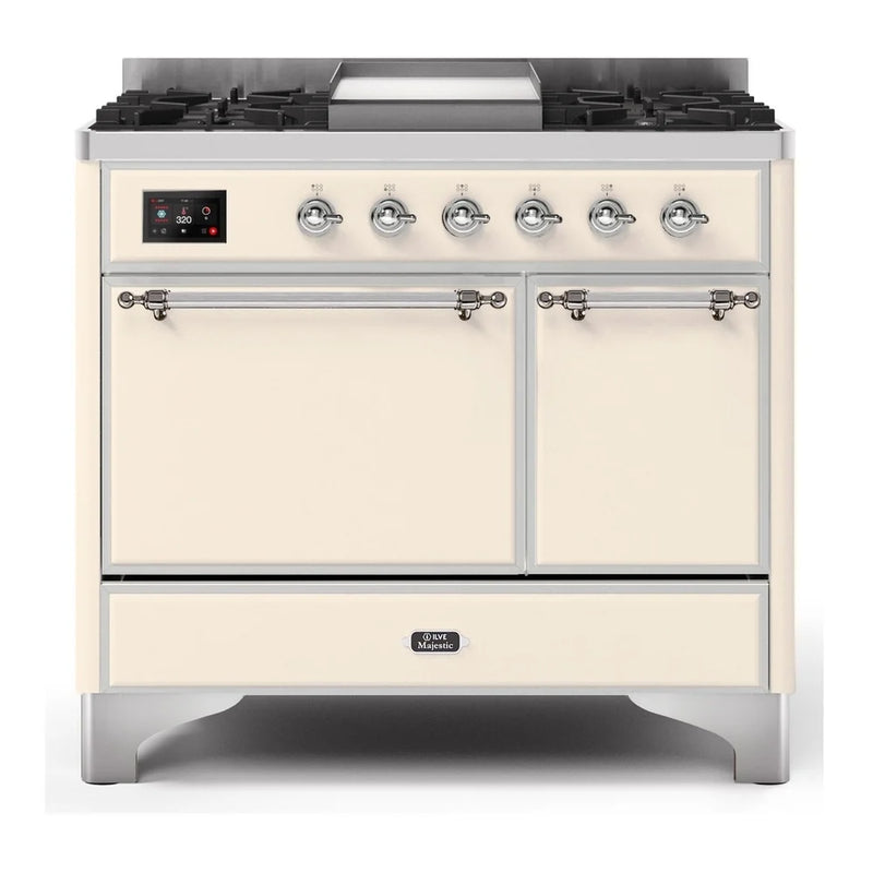 ILVE Majestic II 40" Dual Fuel Freestanding Range in Antique White with Chrome Trim, UMD10FDQNS3AWCLP