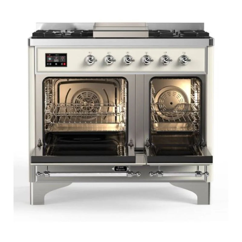 ILVE Majestic II 40" Dual Fuel Freestanding Range in Antique White with Chrome Trim, UMD10FDQNS3AWCLP