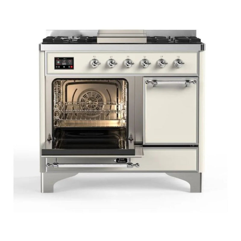ILVE Majestic II 40" Dual Fuel Freestanding Range in Antique White with Chrome Trim, UMD10FDQNS3AWCLP