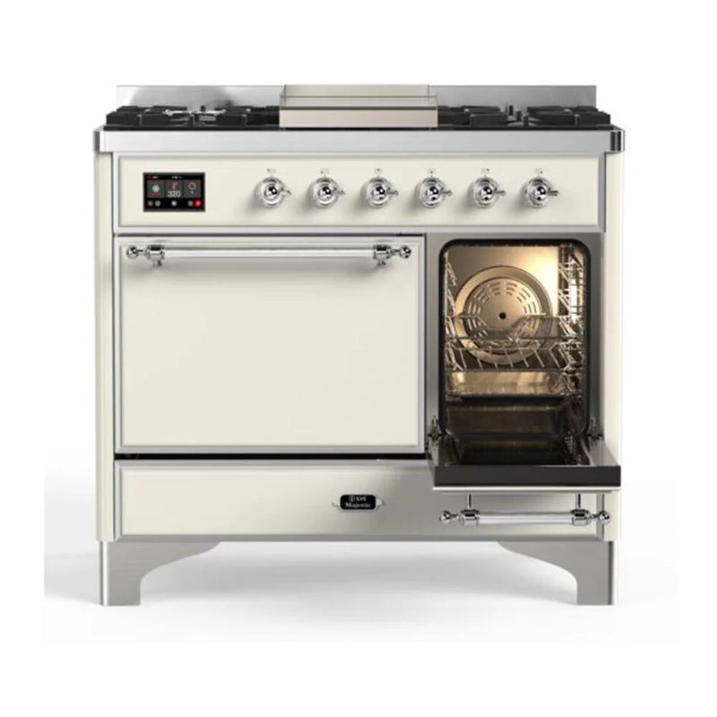 ILVE Majestic II 40" Dual Fuel Freestanding Range in Antique White with Chrome Trim, UMD10FDQNS3AWCLP
