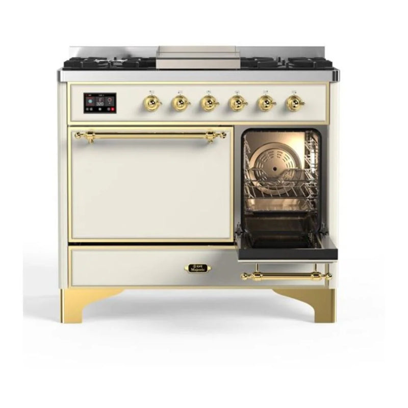 ILVE Majestic II 40" Dual Fuel Freestanding Range in Antique White with Brass Trim, UMD10FDQNS3AWGLP