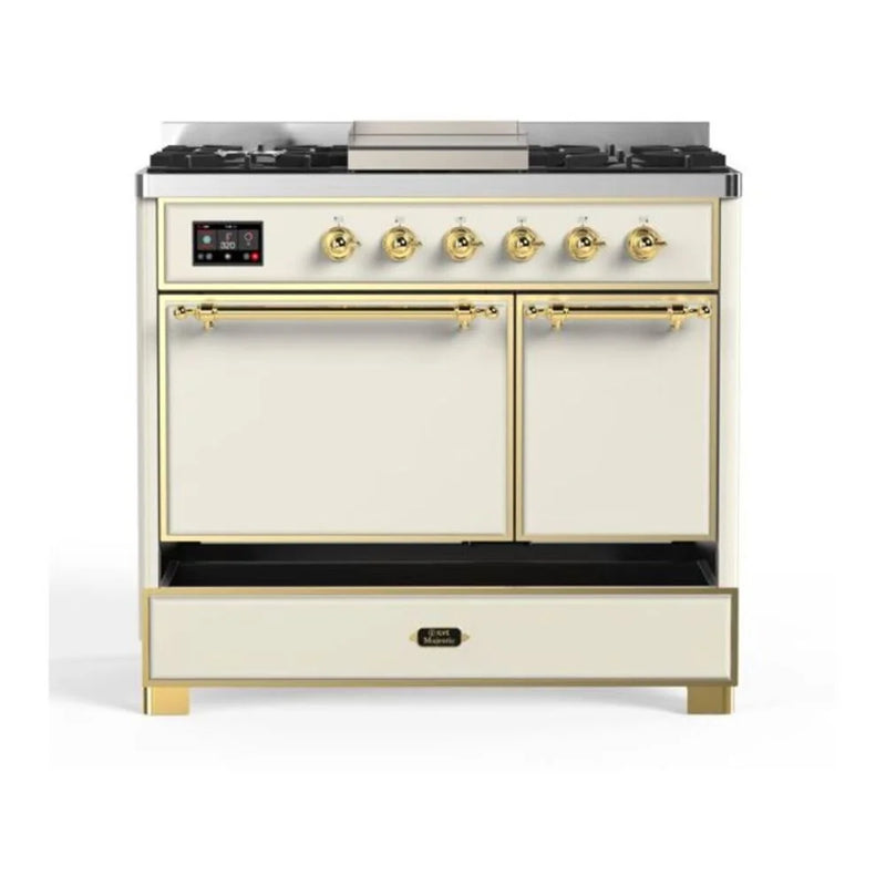 ILVE Majestic II 40" Dual Fuel Freestanding Range in Antique White with Brass Trim, UMD10FDQNS3AWGLP