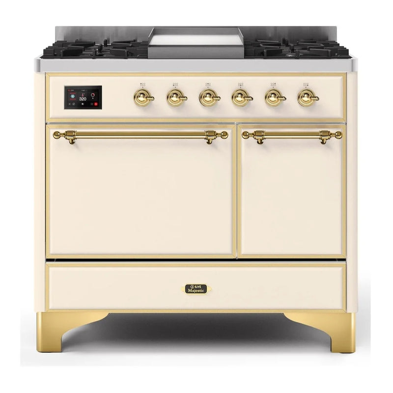 ILVE Majestic II 40" Dual Fuel Freestanding Range in Antique White with Brass Trim, UMD10FDQNS3AWG