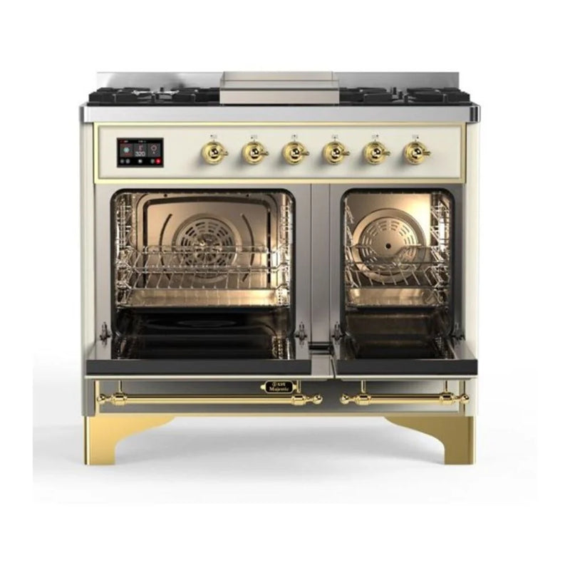 ILVE Majestic II 40" Dual Fuel Freestanding Range in Antique White with Brass Trim, UMD10FDQNS3AWG