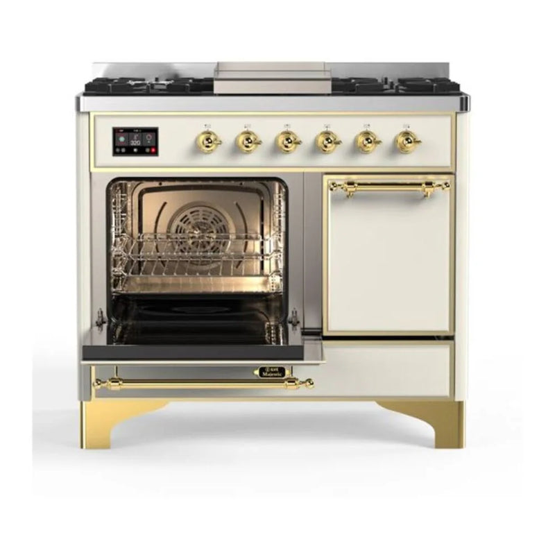 ILVE Majestic II 40" Dual Fuel Freestanding Range in Antique White with Brass Trim, UMD10FDQNS3AWG