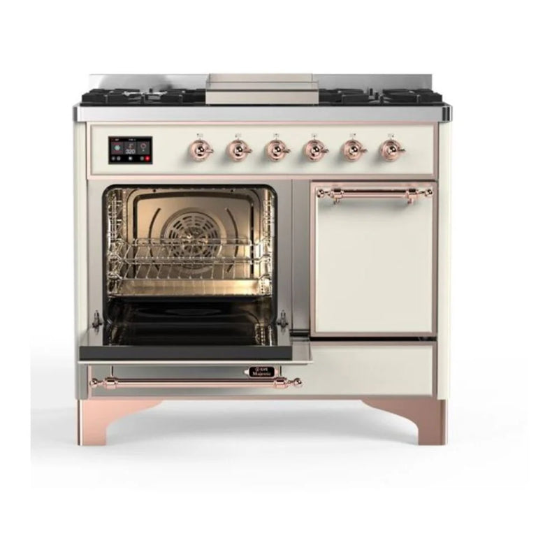 ILVE Majestic II 40" Dual Fuel Freestanding Range in Antique White with Copper Trim, UMD10FDQNS3AWP
