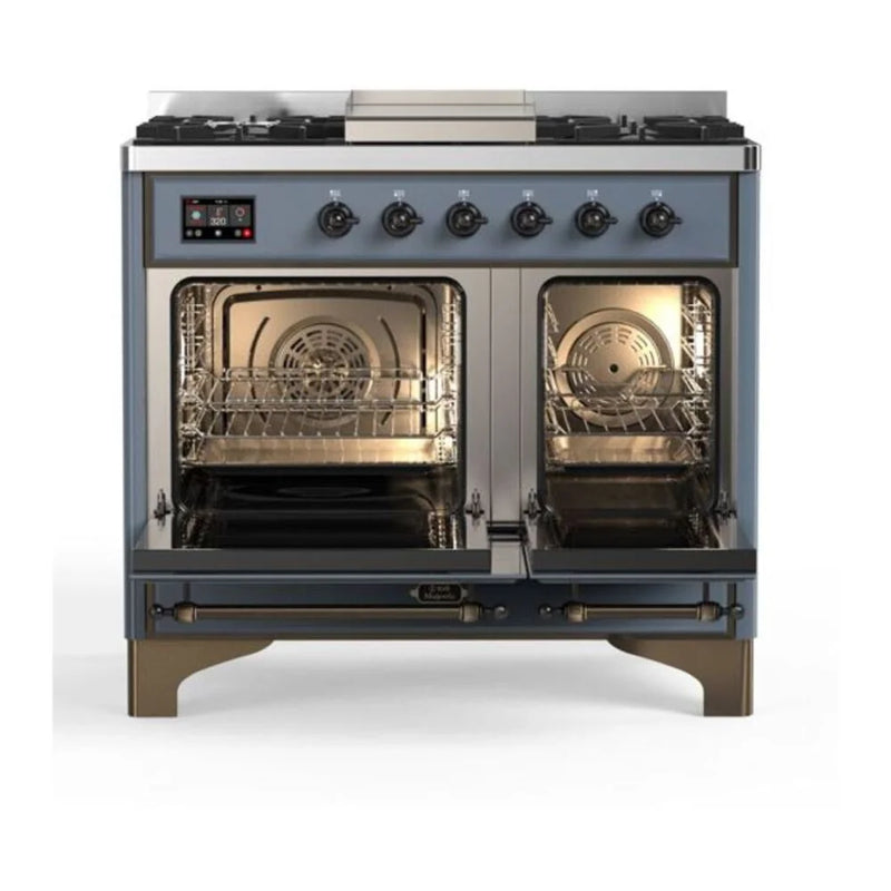 ILVE Majestic II 40" Dual Fuel Freestanding Range in Blue Grey with Burnished Trim, UMD10FDQNS3BGBLP