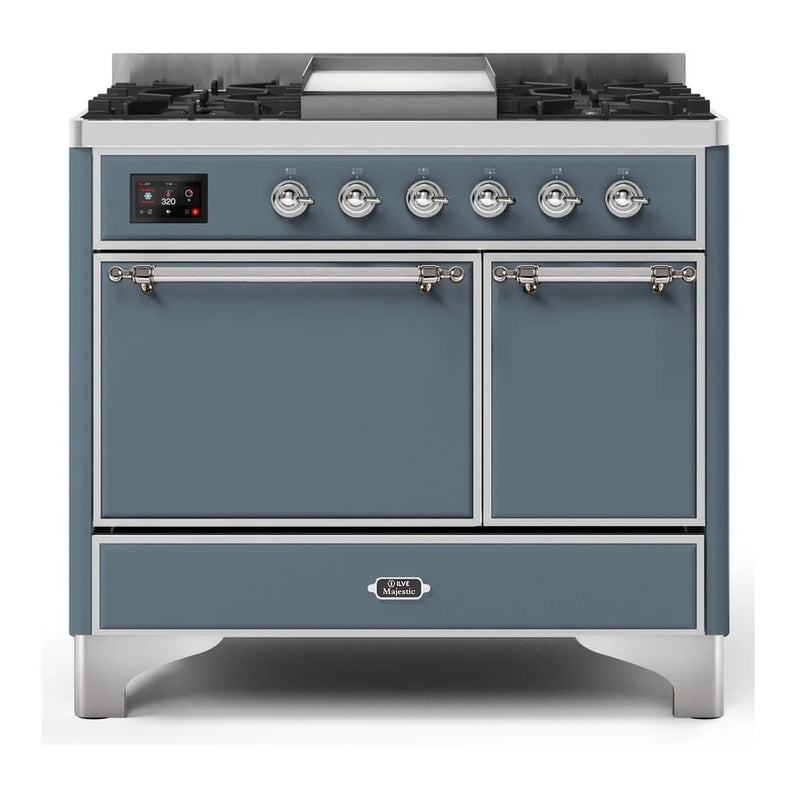ILVE Majestic II 40" Dual Fuel Freestanding Range in Blue Grey with Chrome Trim, UMD10FDQNS3BGCLP