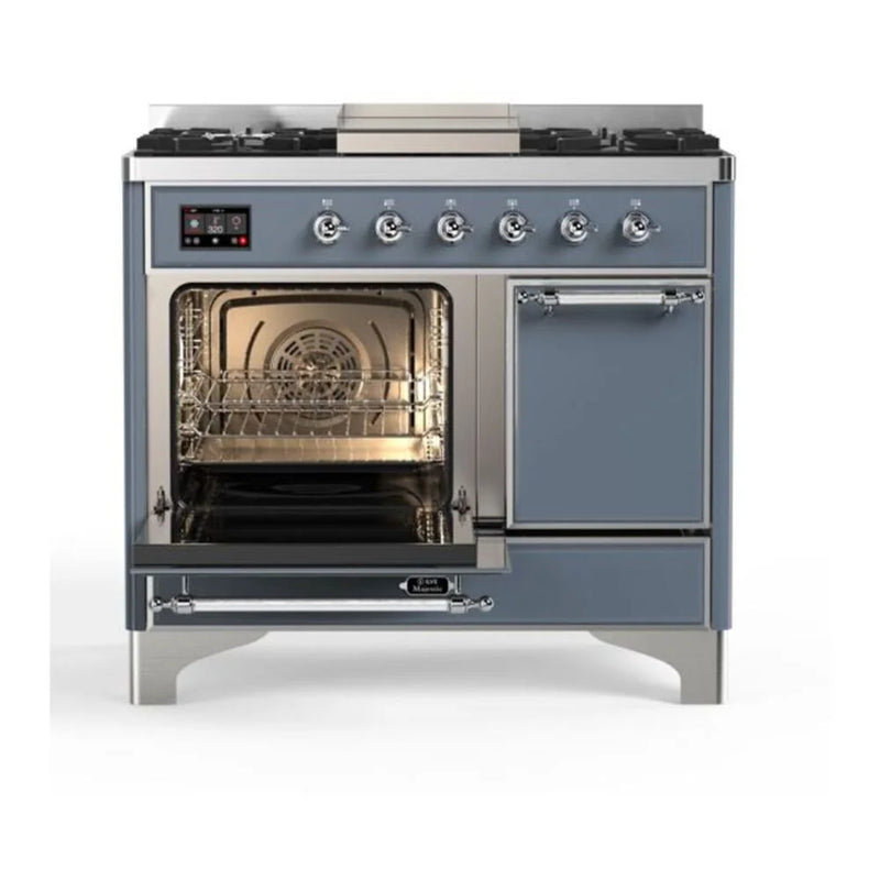 ILVE Majestic II 40" Dual Fuel Freestanding Range in Blue Grey with Chrome Trim, UMD10FDQNS3BGCLP