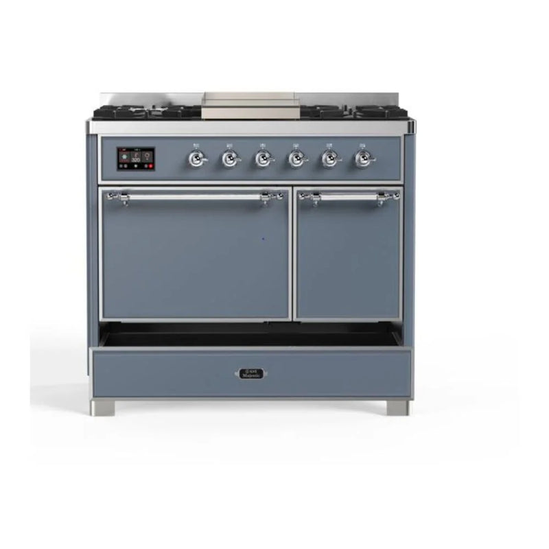 ILVE Majestic II 40" Dual Fuel Freestanding Range in Blue Grey with Chrome Trim, UMD10FDQNS3BGCLP