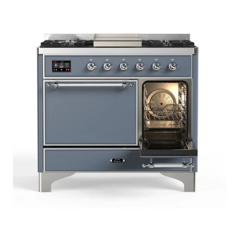 ILVE Majestic II 40" Dual Fuel Freestanding Range in Blue Grey with Chrome Trim, UMD10FDQNS3BGC