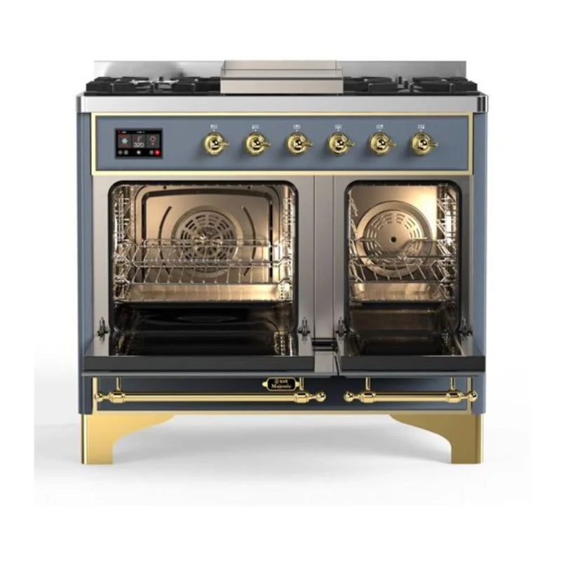 ILVE Majestic II 40" Dual Fuel Freestanding Range in Blue Grey with Brass Trim, UMD10FDQNS3BGGLP