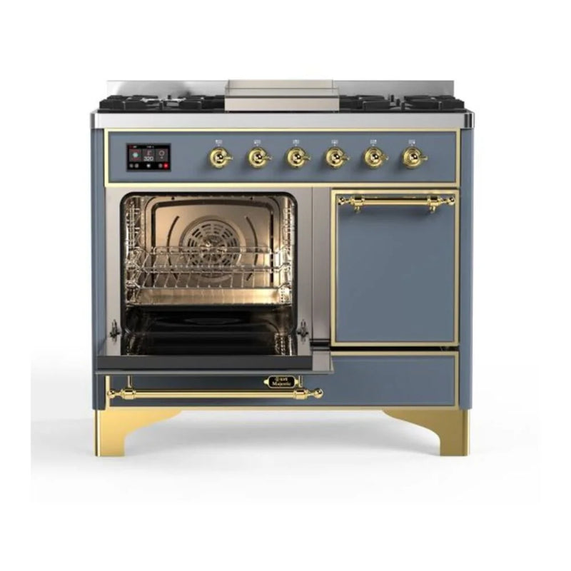 ILVE Majestic II 40" Dual Fuel Freestanding Range in Blue Grey with Brass Trim, UMD10FDQNS3BGGLP
