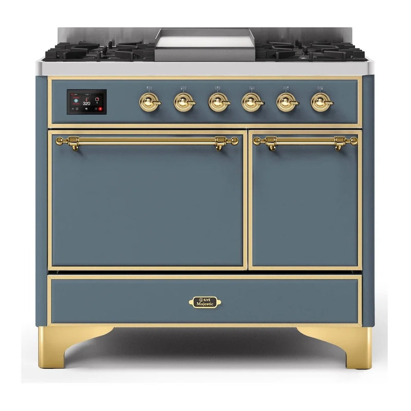 ILVE Majestic II 40" Dual Fuel Freestanding Range in Blue Grey with Brass Trim, UMD10FDQNS3BGG