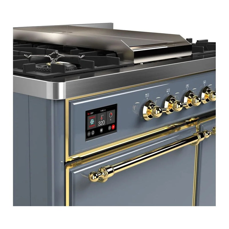 ILVE Majestic II 40" Dual Fuel Freestanding Range in Blue Grey with Brass Trim, UMD10FDQNS3BGG