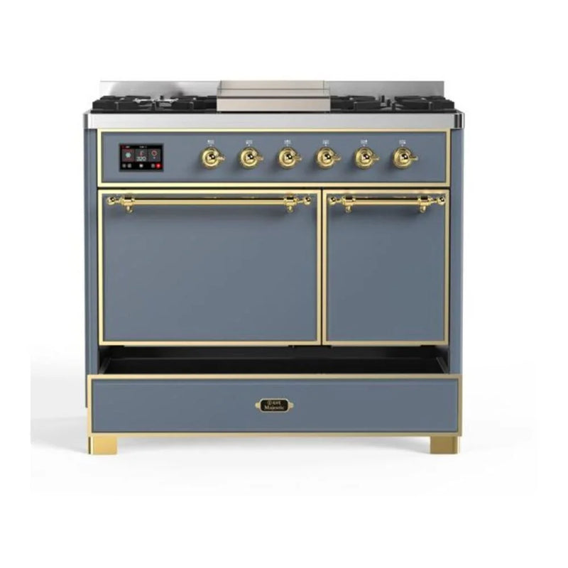 ILVE Majestic II 40" Dual Fuel Freestanding Range in Blue Grey with Brass Trim, UMD10FDQNS3BGG