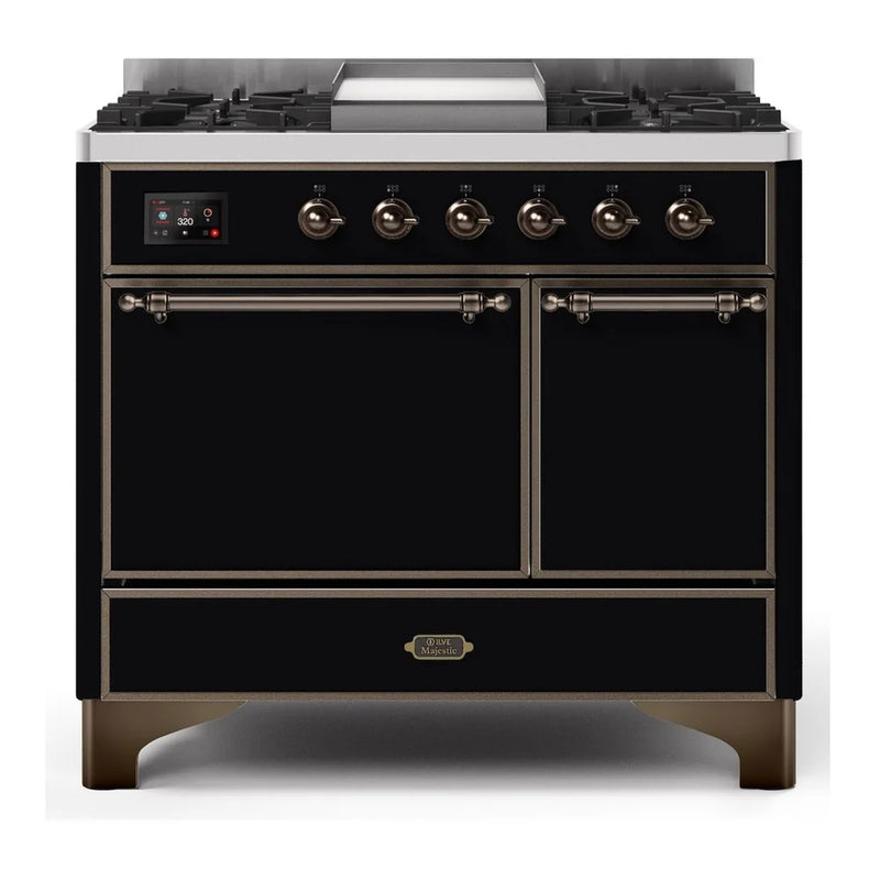 ILVE Majestic II 40" Dual Fuel Freestanding Range in Glossy Black with Burnished Trim, UMD10FDQNS3BKB