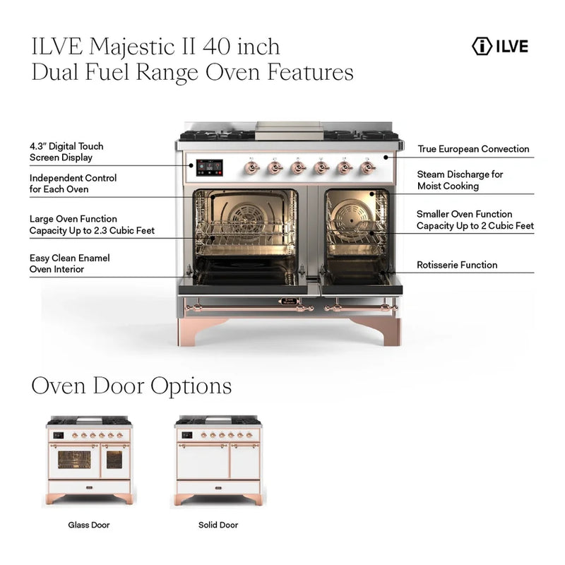 ILVE Majestic II 40" Dual Fuel Freestanding Range in Glossy Black with Burnished Trim, UMD10FDQNS3BKB