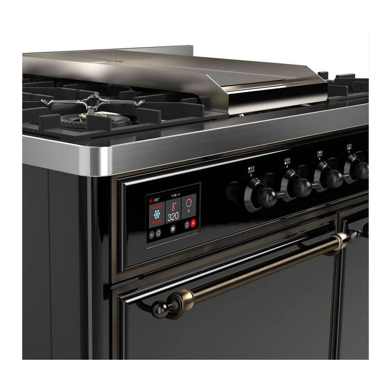 ILVE Majestic II 40" Dual Fuel Freestanding Range in Glossy Black with Burnished Trim, UMD10FDQNS3BKB