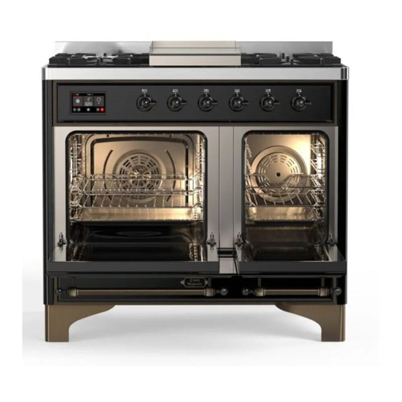 ILVE Majestic II 40" Dual Fuel Freestanding Range in Glossy Black with Burnished Trim, UMD10FDQNS3BKB
