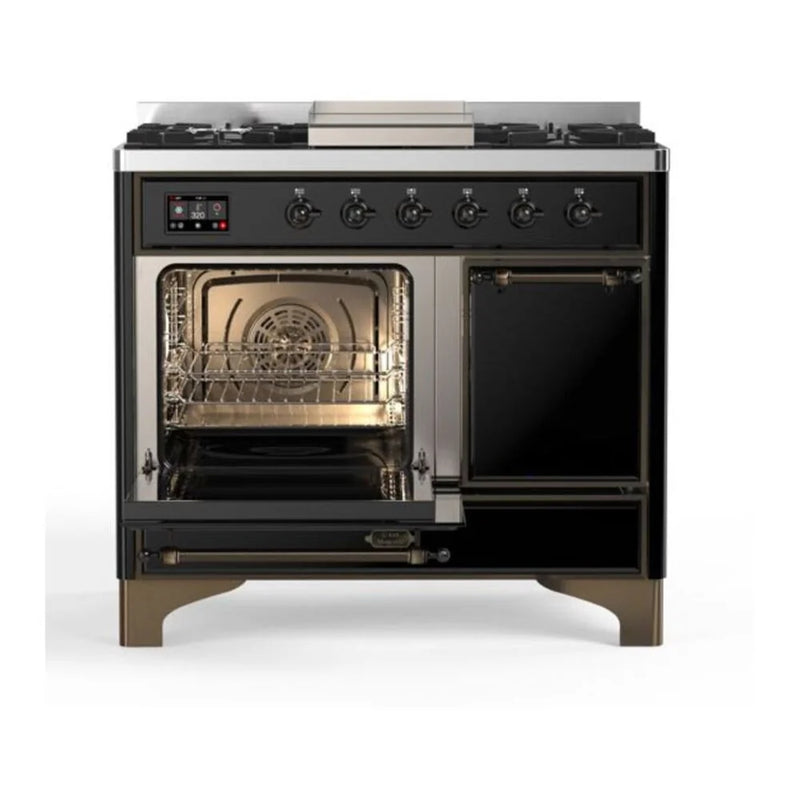 ILVE Majestic II 40" Dual Fuel Freestanding Range in Glossy Black with Burnished Trim, UMD10FDQNS3BKB