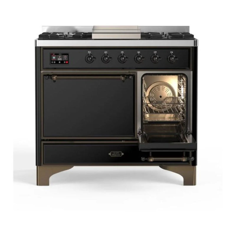 ILVE Majestic II 40" Dual Fuel Freestanding Range in Glossy Black with Burnished Trim, UMD10FDQNS3BKB