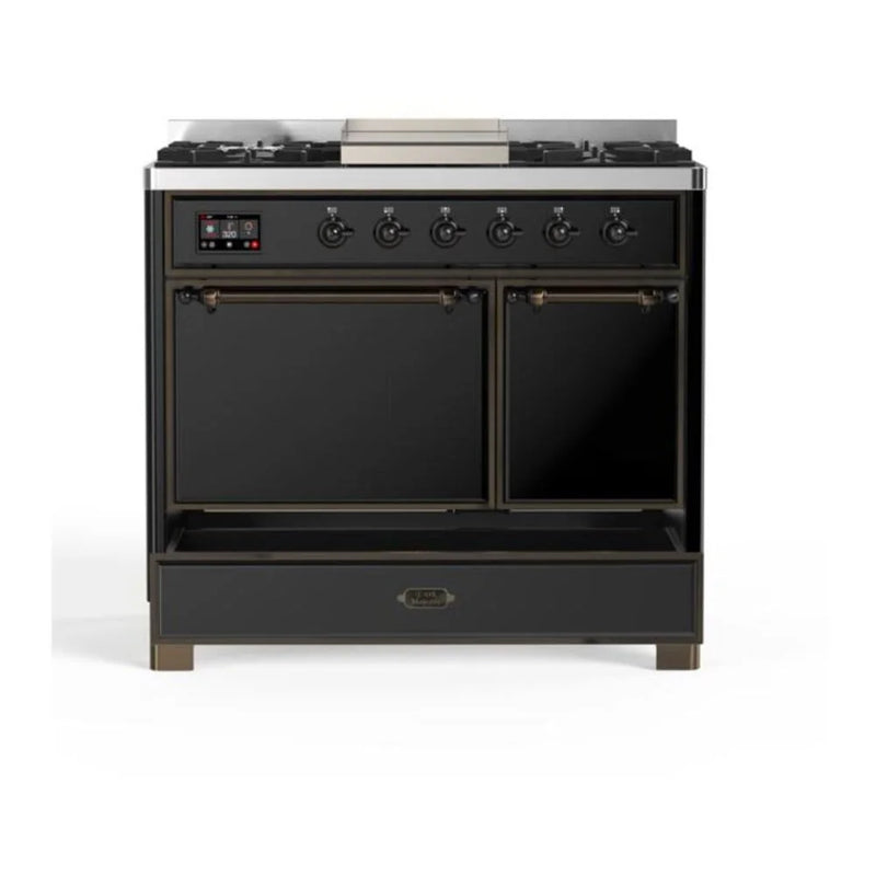 ILVE Majestic II 40" Dual Fuel Freestanding Range in Glossy Black with Burnished Trim, UMD10FDQNS3BKB