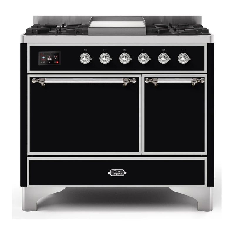 ILVE Majestic II 40" Dual Fuel Freestanding Range in Glossy Black with Chrome Trim, UMD10FDQNS3BKCLP