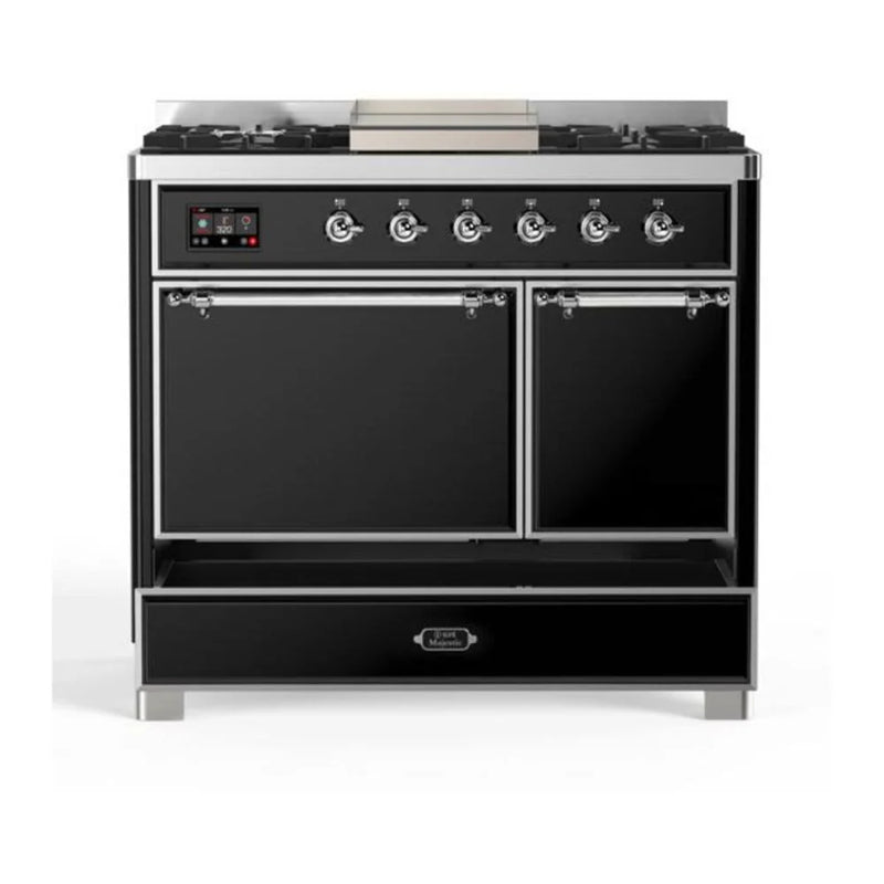 ILVE Majestic II 40" Dual Fuel Freestanding Range in Glossy Black with Chrome Trim, UMD10FDQNS3BKCLP