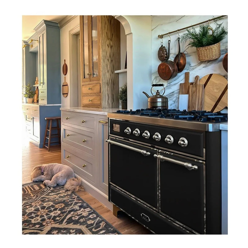 ILVE Majestic II 40" Dual Fuel Freestanding Range in Glossy Black with Chrome Trim, UMD10FDQNS3BKC