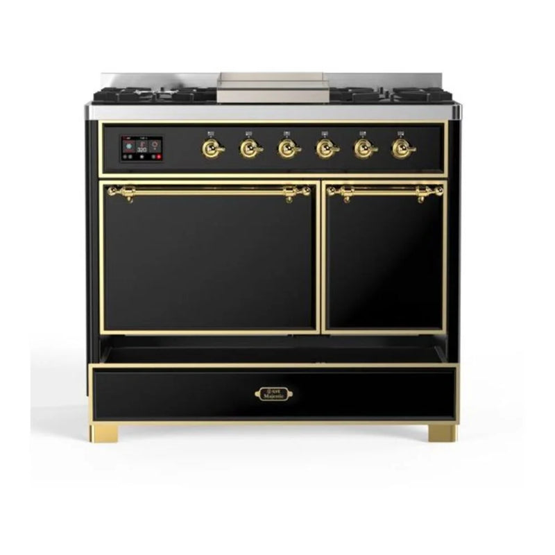 ILVE Majestic II 40" Dual Fuel Freestanding Range in Glossy Black with Brass Trim, UMD10FDQNS3BKGLP