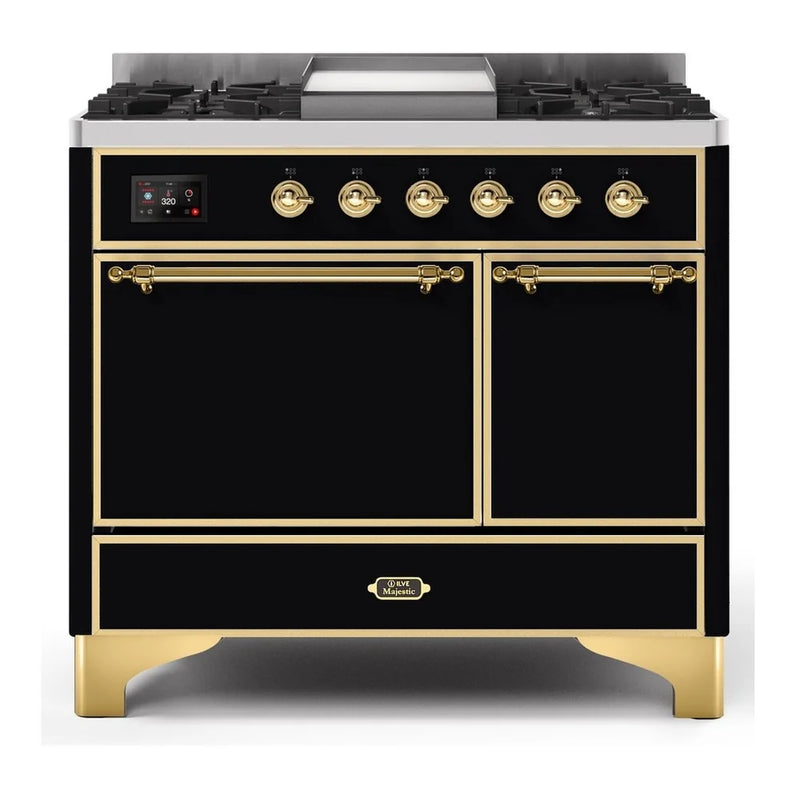 ILVE Majestic II 40" Dual Fuel Freestanding Range in Glossy Black with Brass Trim, UMD10FDQNS3BKG
