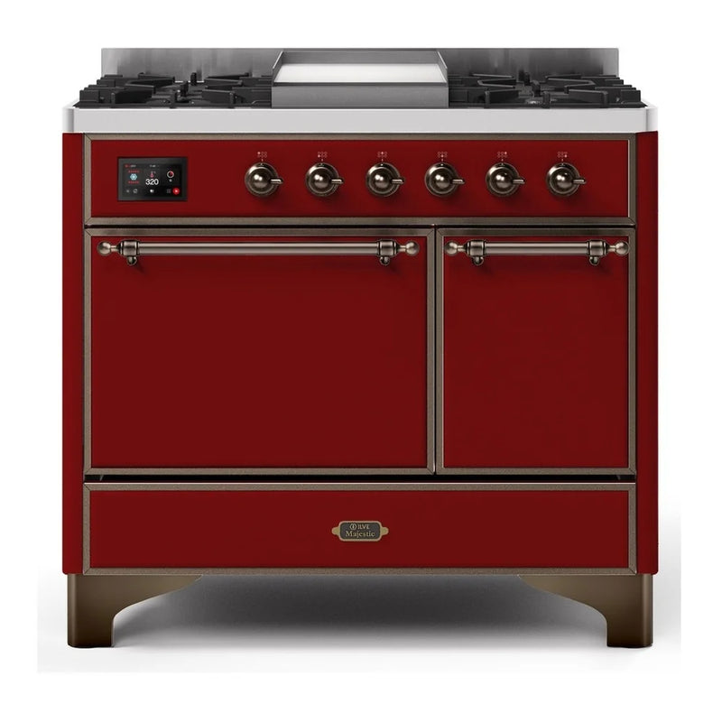 ILVE Majestic II 40" Dual Fuel Freestanding Range in Burgundy with Burnished Trim, UMD10FDQNS3BUBLP