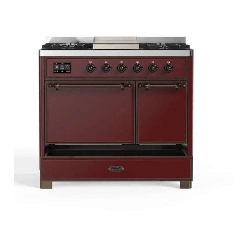 ILVE Majestic II 40" Dual Fuel Freestanding Range in Burgundy with Burnished Trim, UMD10FDQNS3BUB
