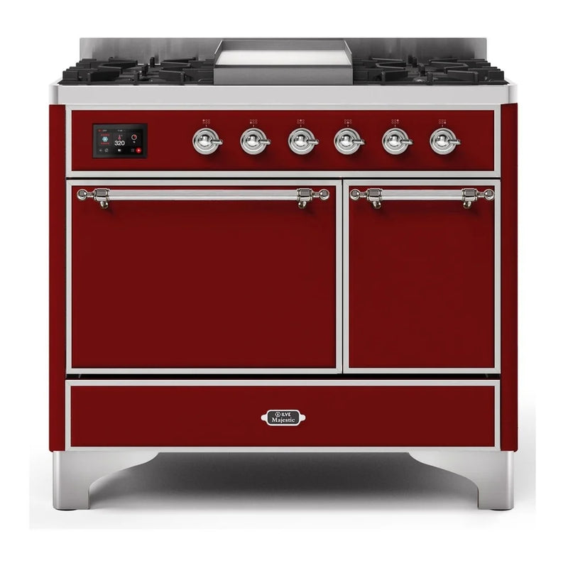 ILVE Majestic II 40" Dual Fuel Freestanding Range in Burgundy with Chrome Trim, UMD10FDQNS3BUC