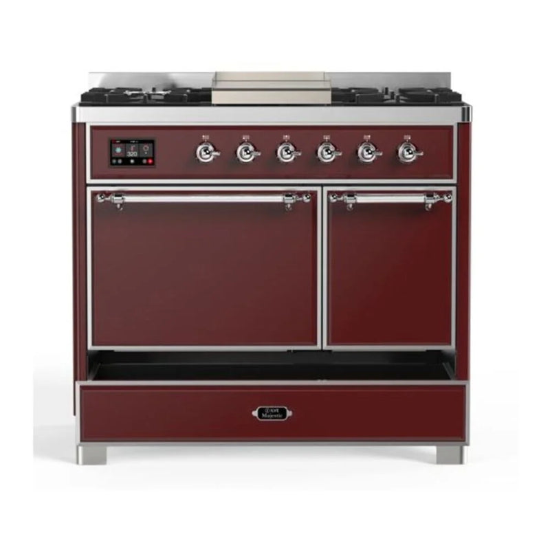 ILVE Majestic II 40" Dual Fuel Freestanding Range in Burgundy with Chrome Trim, UMD10FDQNS3BUC