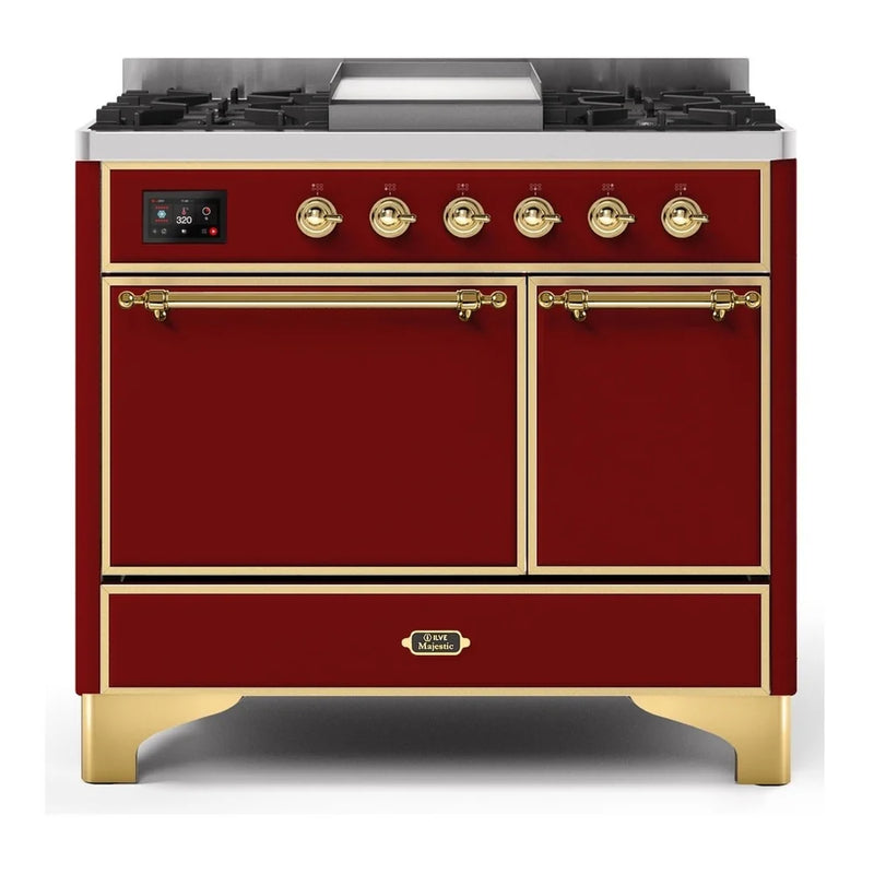 ILVE Majestic II 40" Dual Fuel Freestanding Range in Burgundy with Brass Trim, UMD10FDQNS3BUGLP