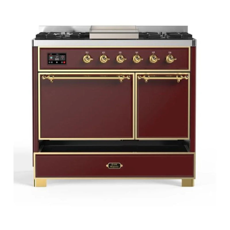 ILVE Majestic II 40" Dual Fuel Freestanding Range in Burgundy with Brass Trim, UMD10FDQNS3BUGLP