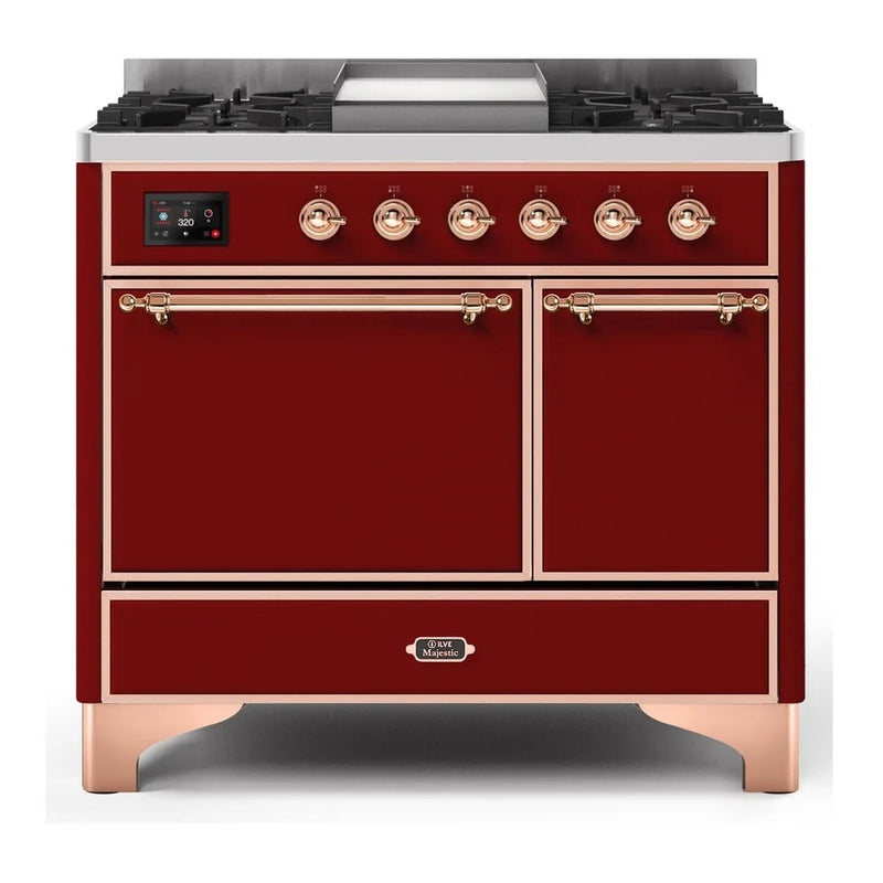 ILVE Majestic II 40" Dual Fuel Freestanding Range in Burgundy with Copper Trim, UMD10FDQNS3BUPLP