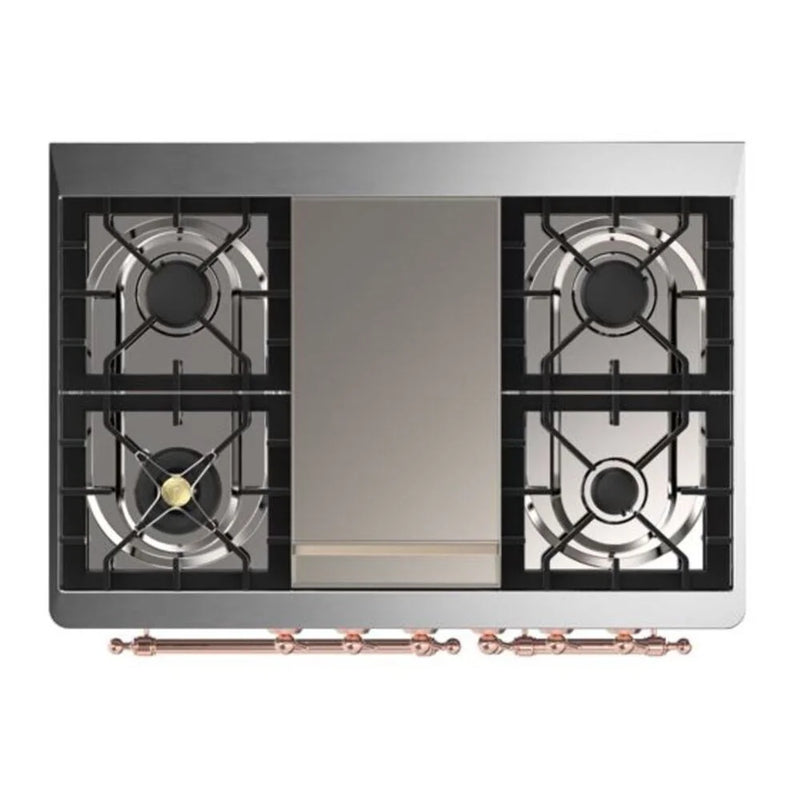 ILVE Majestic II 40 Inch UMD10FDQNS3BUPLP Freestanding Dual Fuel Range with 6 Sealed Burners, Griddle, Solid Door, in Burgundy with Copper Trim