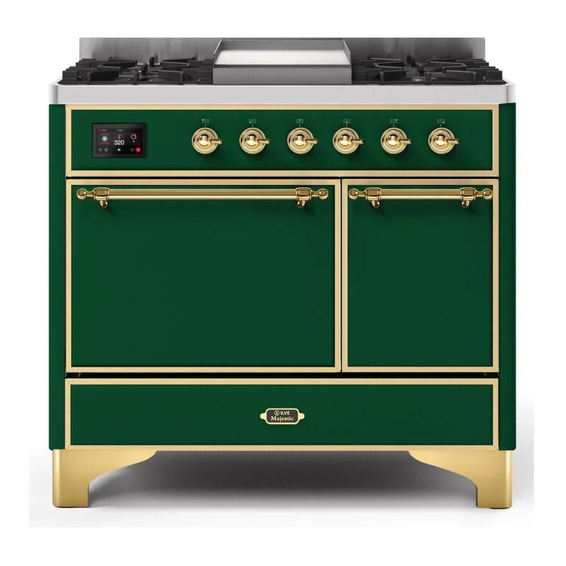 ILVE Majestic II 40" Dual Fuel Freestanding Range in Emerald Green with Brass Trim, UMD10FDQNS3EGGLP