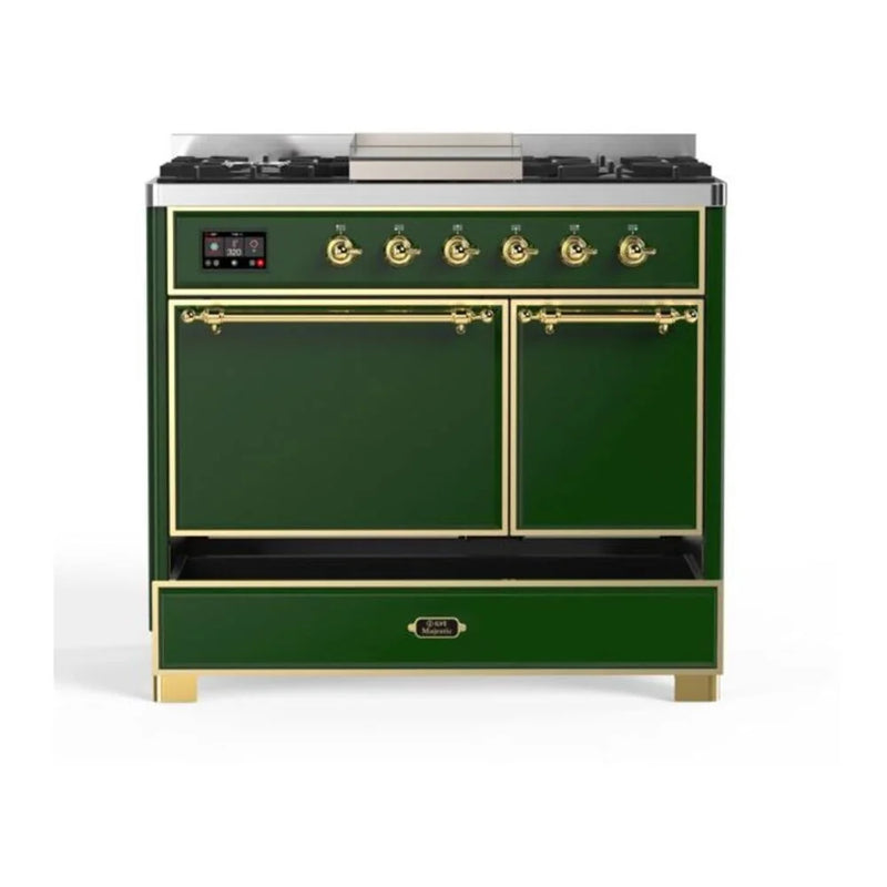 ILVE Majestic II 40" Dual Fuel Freestanding Range in Emerald Green with Brass Trim, UMD10FDQNS3EGGLP